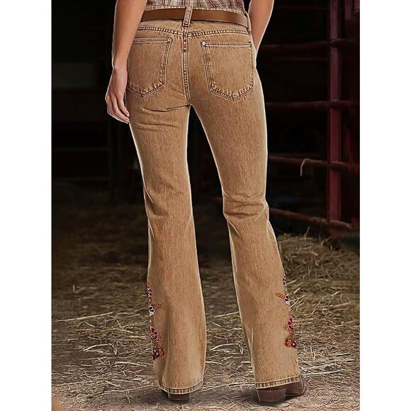 Flamingals Women's Floral Embroidery Mid Waist High Stretch Bootcut Jeans XL - Picture 6 of 8